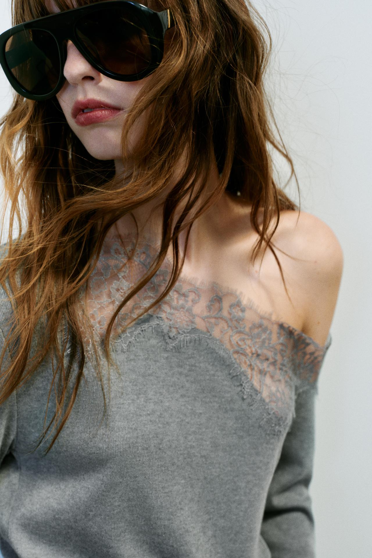 ASYMMETRIC LACE TOP — Gray marl