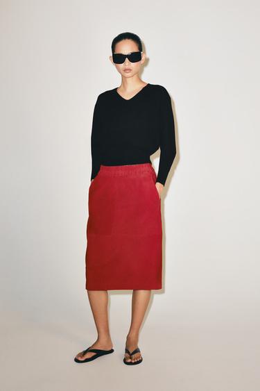 ZW COLLECTION 100% LEATHER MIDI SKIRT - Red by Zara