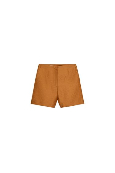 LINEN BLEND SHORTS WITH COVERED BUTTON - Curry by Zara