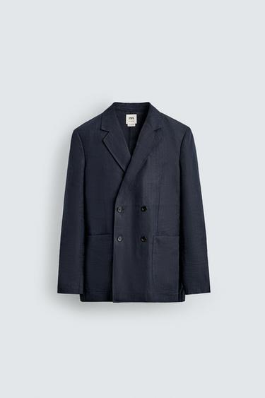 DOUBLE-BREASTED HERRINGBONE 100% LINEN SUIT BLAZER - Indigo by Zara