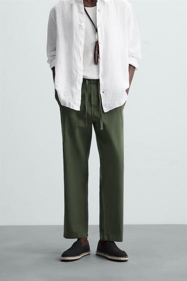Zara COTTON LINEN RELAXED FIT PANTS - Dark khaki