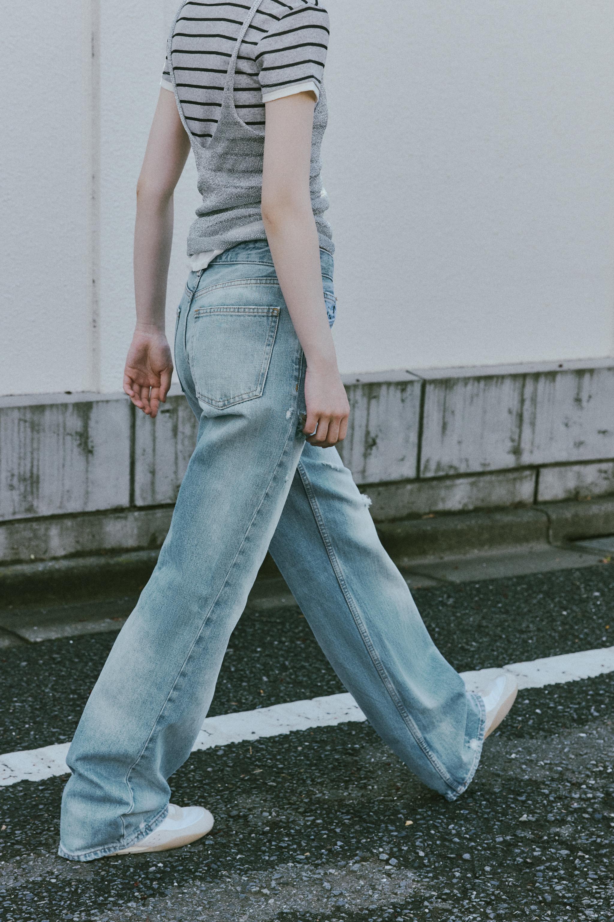TRF ダメージ加工ワイドレッグ ミッドライズ デニムパンツ