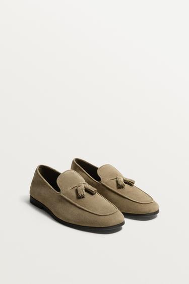 Zara LEATHER TASSEL LOAFERS - Taupe Gray