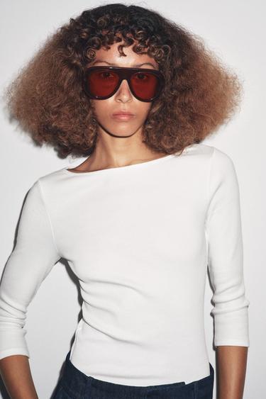 COTTON BOAT NECK T-SHIRT - White by Zara