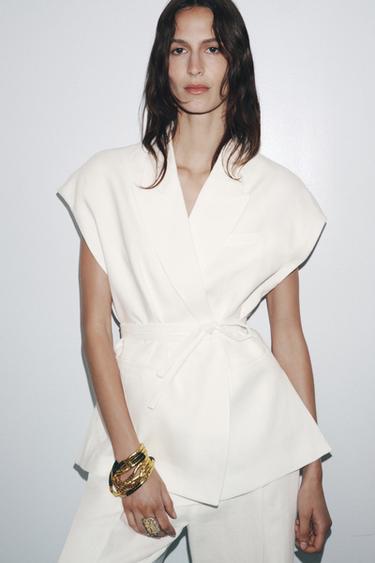 Zara ZW COLLECTION DOUBLE BREASTED LINEN VEST - White