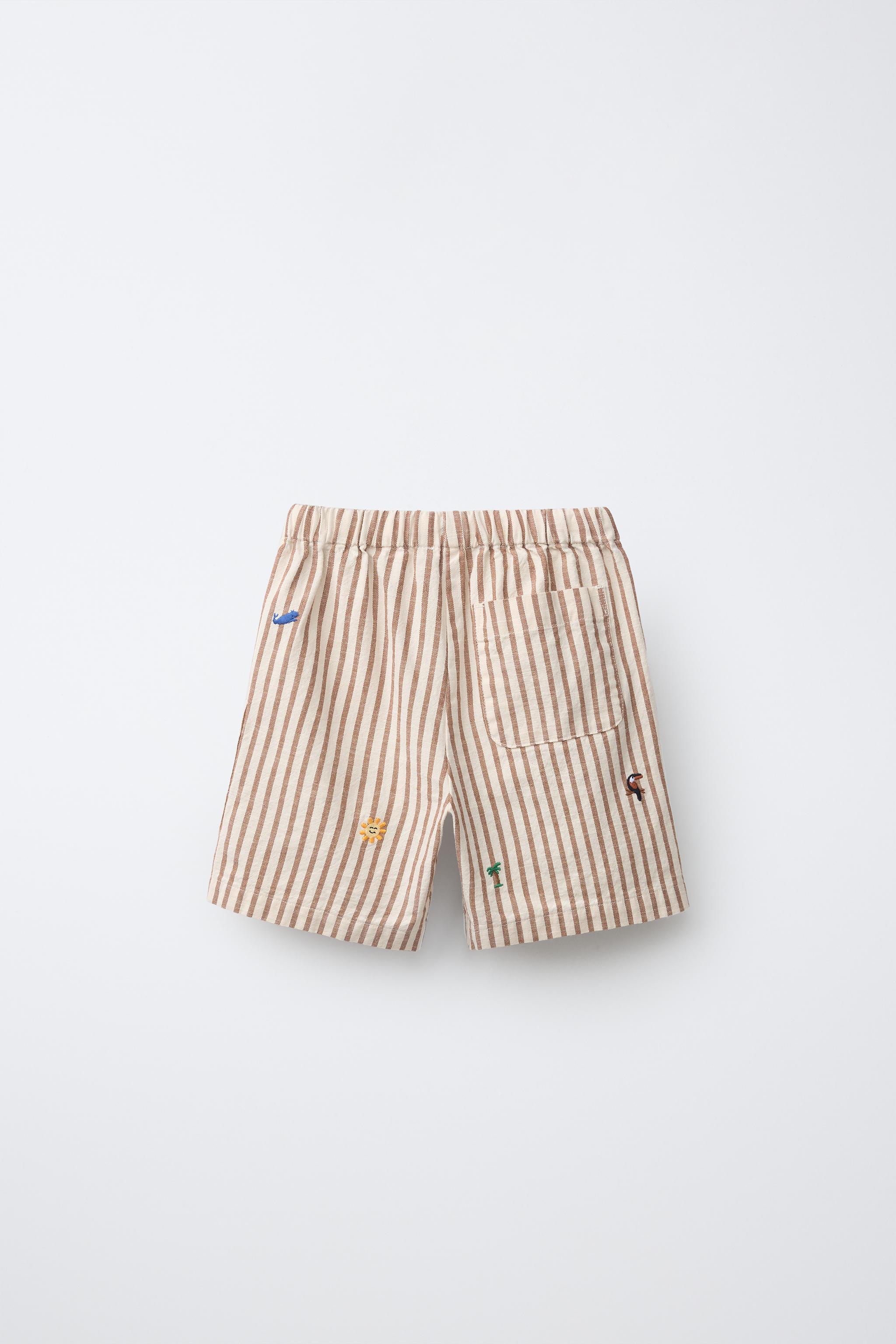 EMBROIDERED STRIPED SHORTS — Brown / White