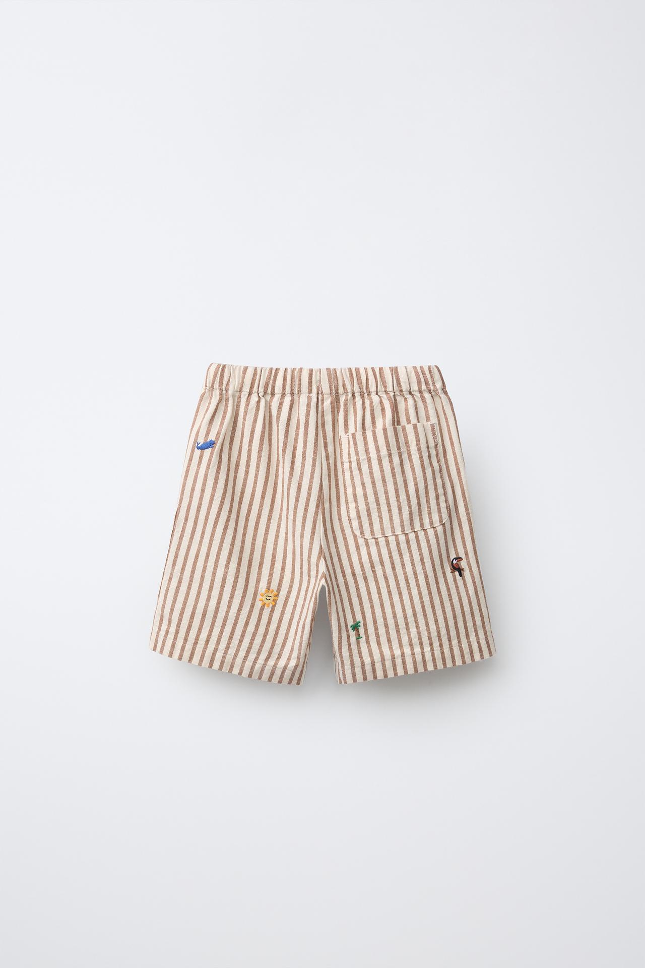 EMBROIDERED STRIPED SHORTS — Brown / White