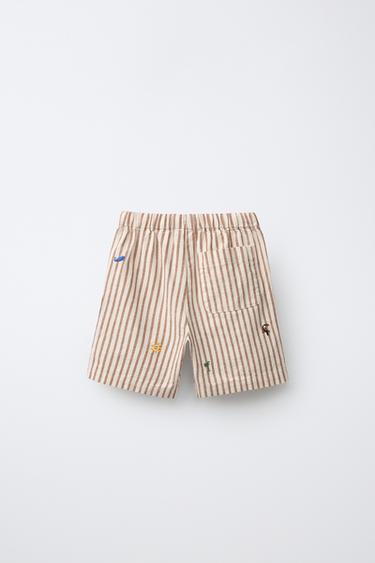 EMBROIDERED STRIPED SHORTS — Brown / White 2