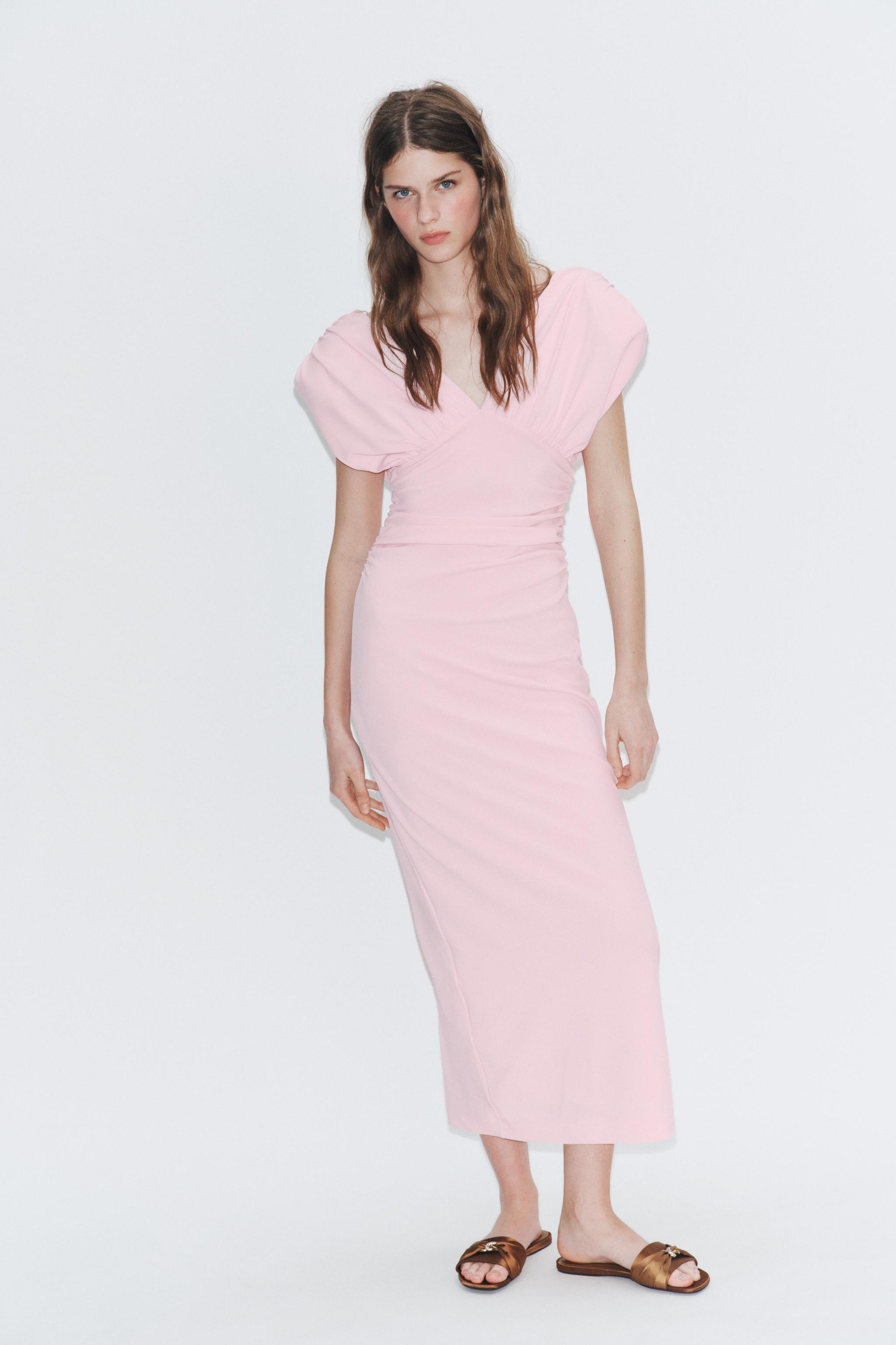 GATHERED MIDI DRESS — Mid-pink