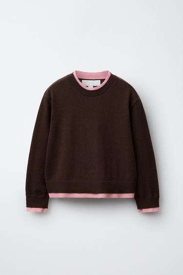 DOUBLE LAYER TRIM KNIT SWEATER - Brown by Zara - Image 0