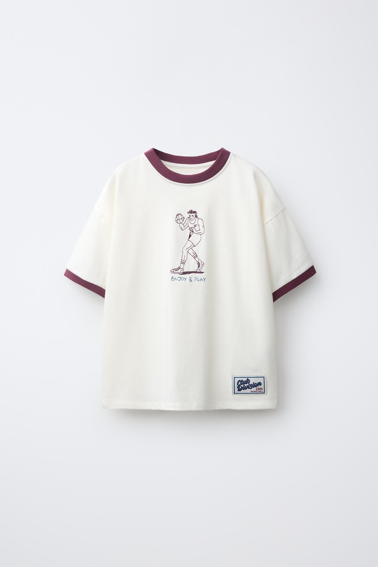 CONTRAST PIPING PRINTED T-SHIRT — Oyster-white