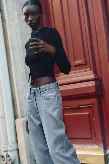 Zara RIBBED KNIT TOP WITH APPLIQUÉ - Black