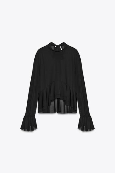 Zara FLOWY RUFFLED BLOUSE - Black