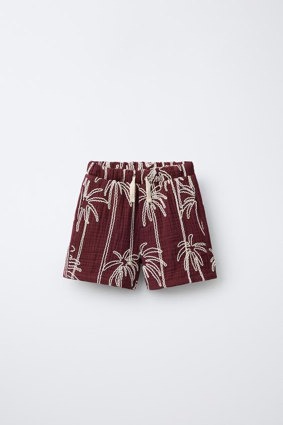 SHORT TEXTURÉ BRODERIE PALMIERS - Grenat de Zara - Image 0