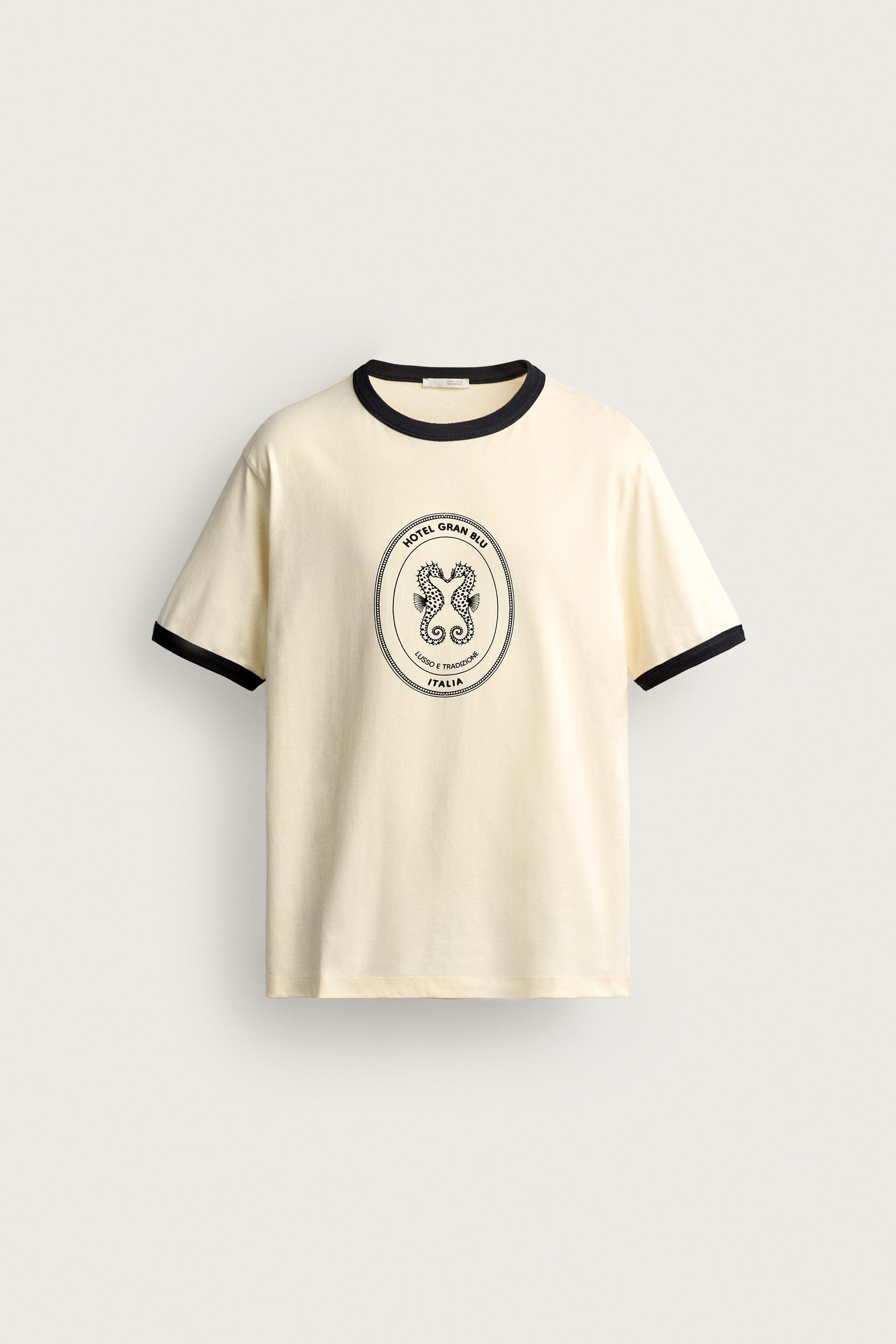 RINGER CONTRAST RIBBED GRAPHIC T-SHIRT — Ecru