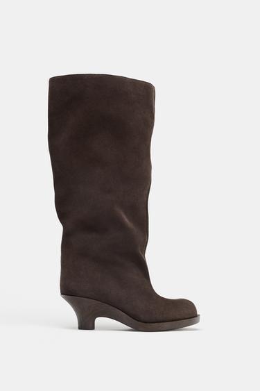Zara 麂皮細跟短靴 - 棕色