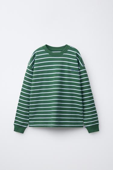 Zara HEAVYWEIGHT STRIPED T-SHIRT - Green stripe