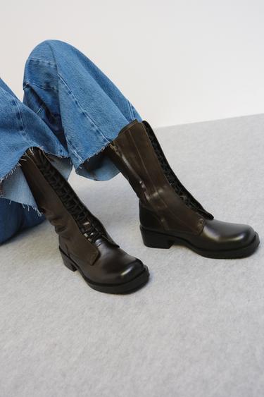 LEATHER LACE-UP ANKLE BOOTS - Khaki Green by Zara