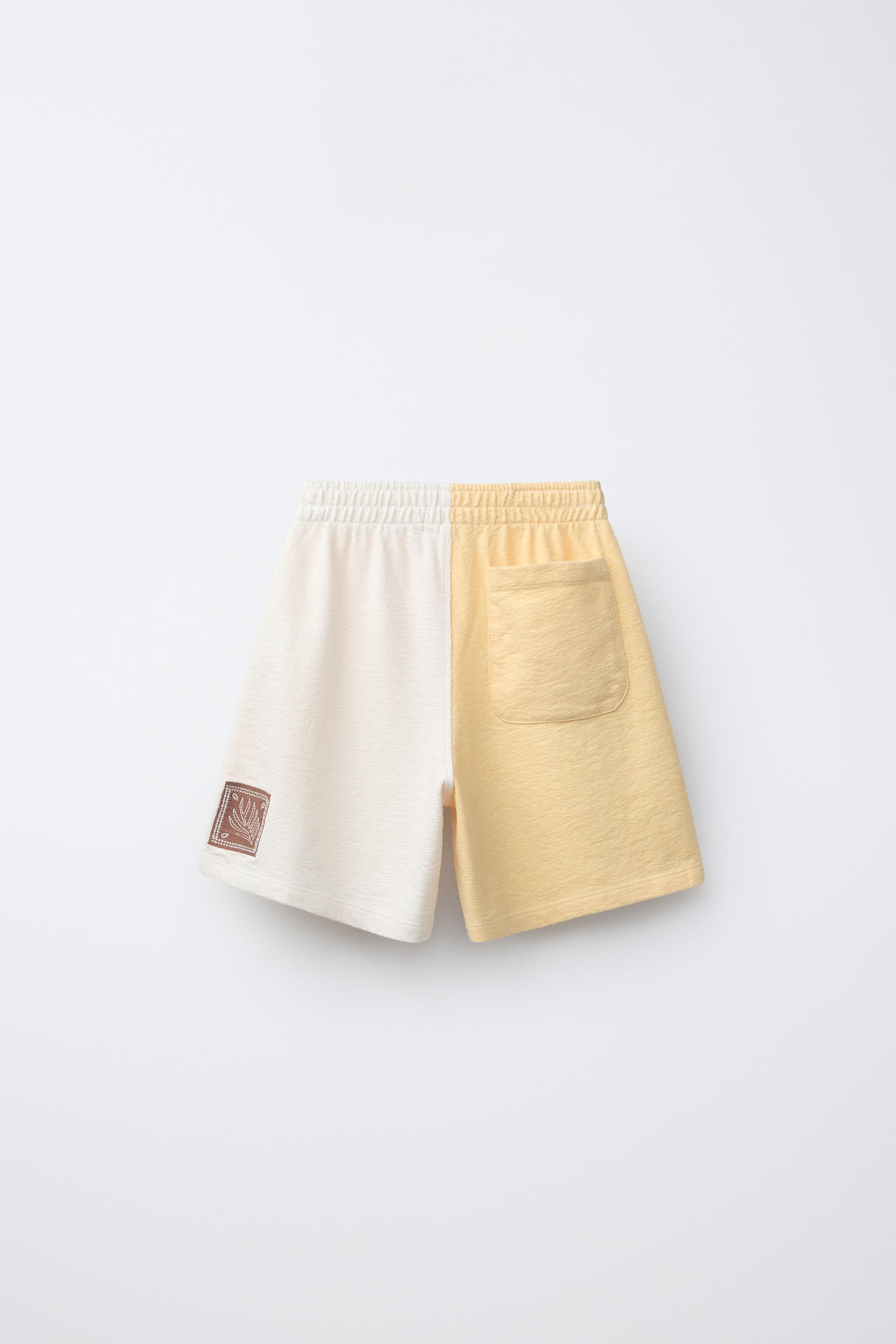 EMBROIDERED COLOUR BLOCK TERRY BERMUDA SHORTS — Yellow