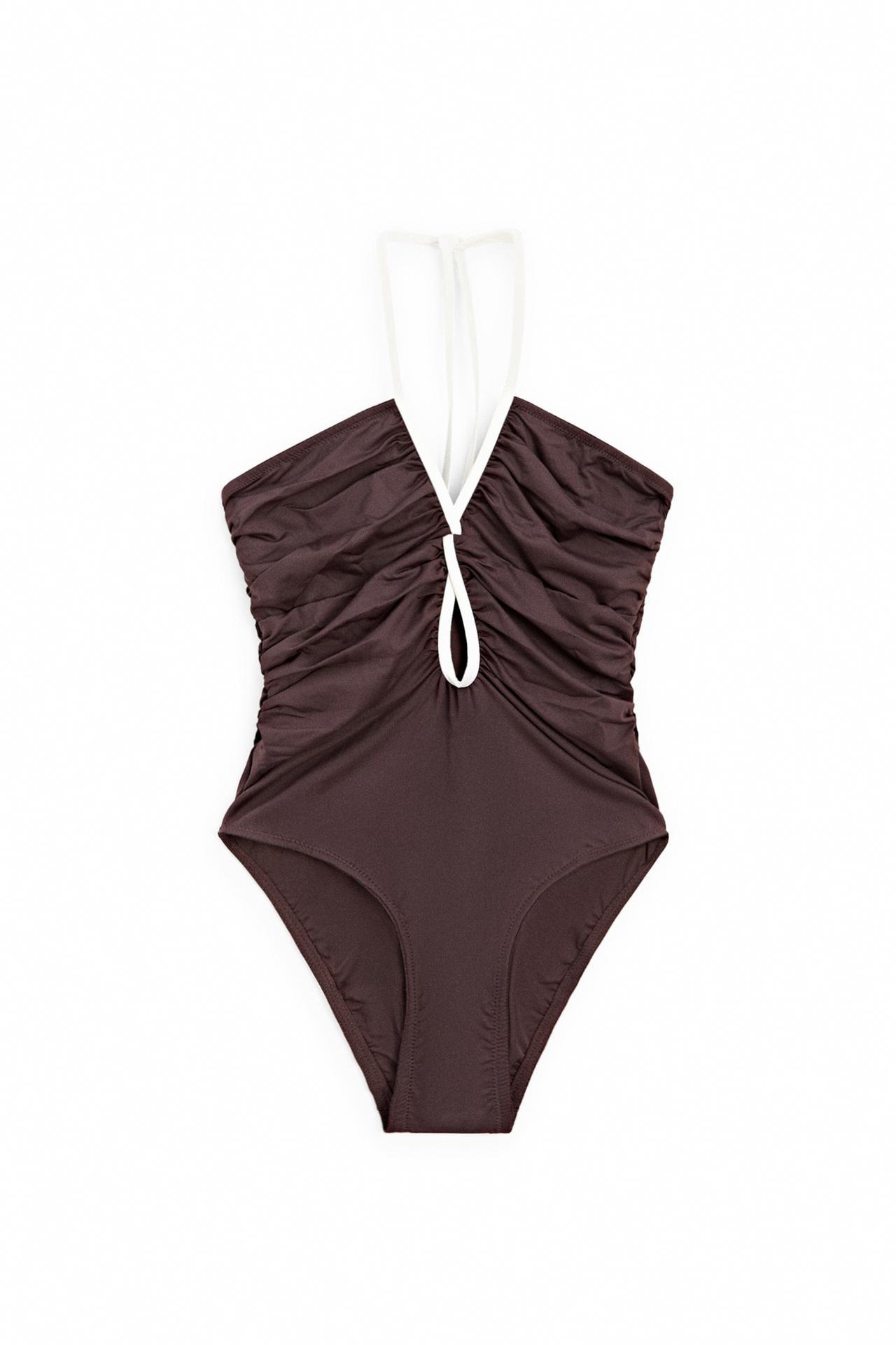 Swimsuit with contrast gathered detail — Brown