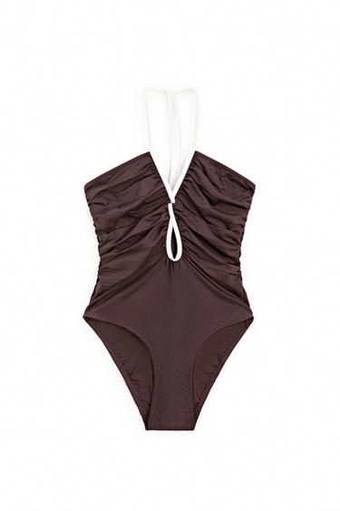 Swimsuit with contrast gathered detail — Brown 1