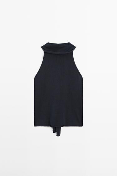 Top fluide à encolure américaine et nœud - Bleu marine de Zara - Image 0