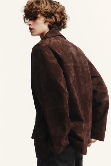 OVERSIZE SUEDE LEATHER BLAZER - Dark brown by Zara - Image 4