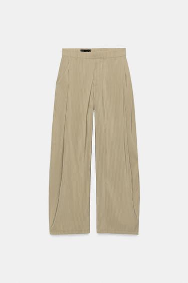 Zara STRIPED PLEATED FLOWY PANTS - Gray green