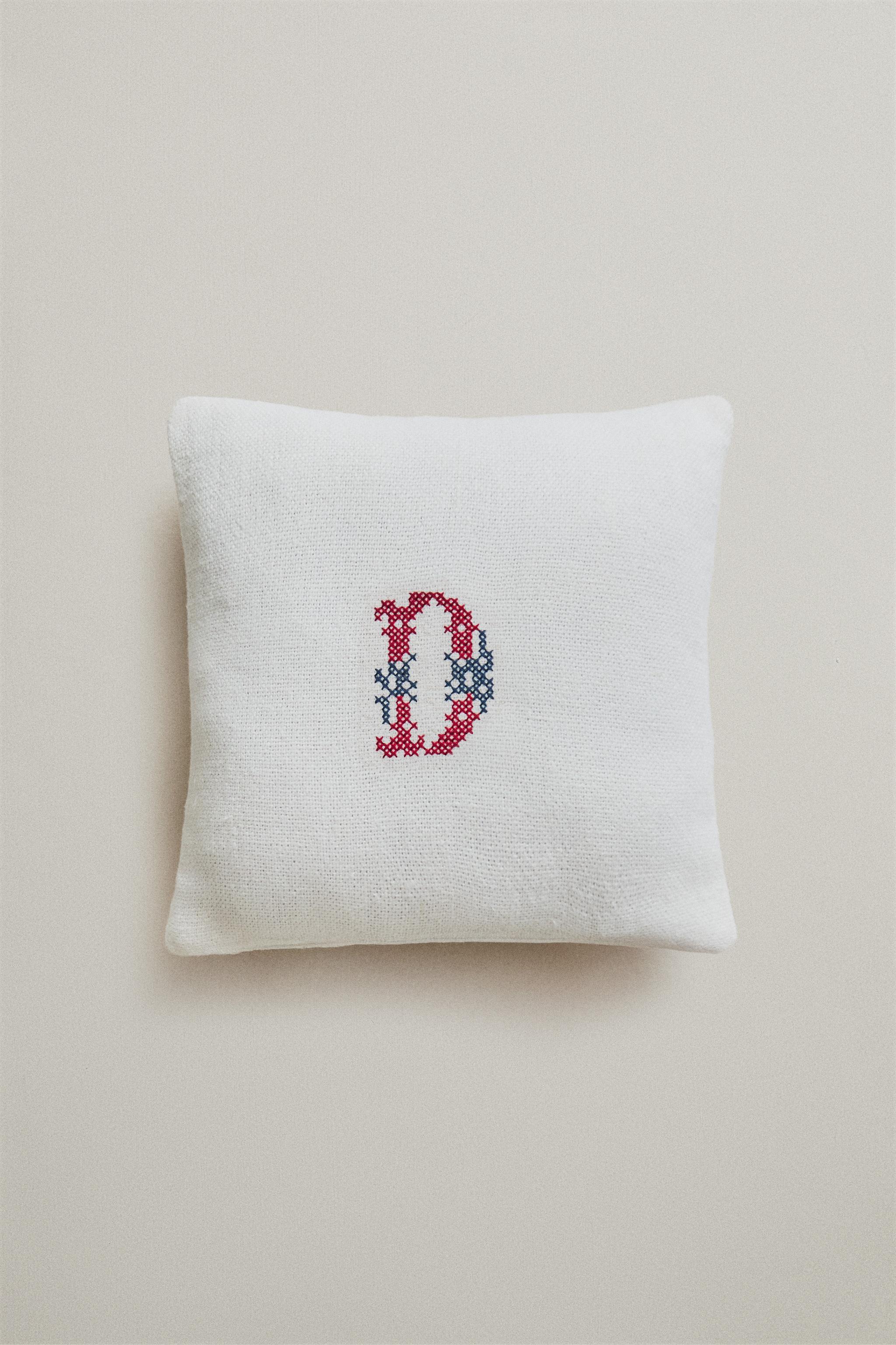 LETTER D EMBROIDERED LINEN CUSHION