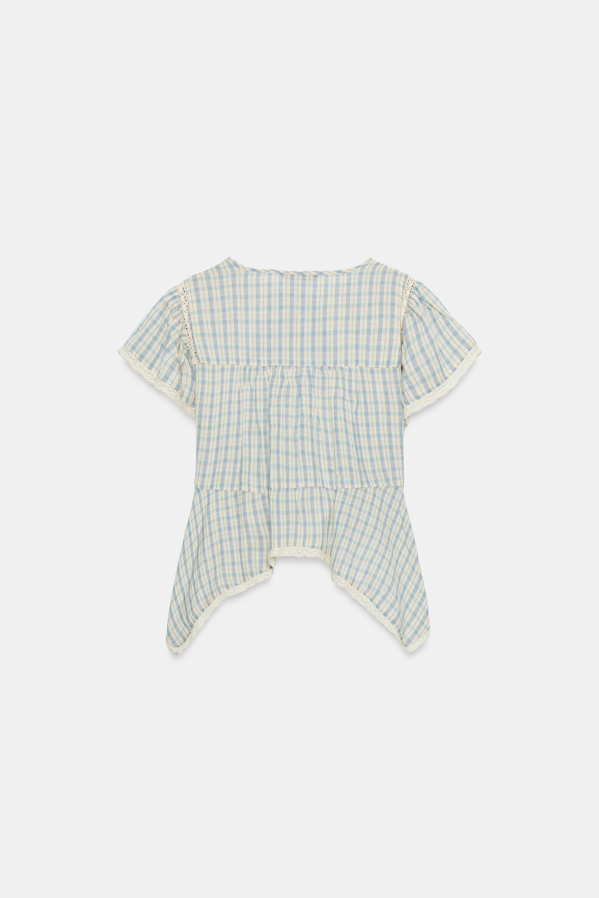 EMBROIDERED PLAID LACE INSERT TOP