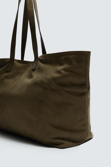 LEATHER TOTE BAG - Khaki Green by Zara - Image 4