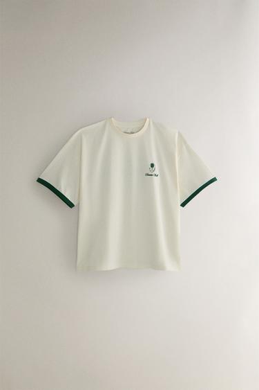 COTTON TENNIS T-SHIRT - Ecru / Green by Zara