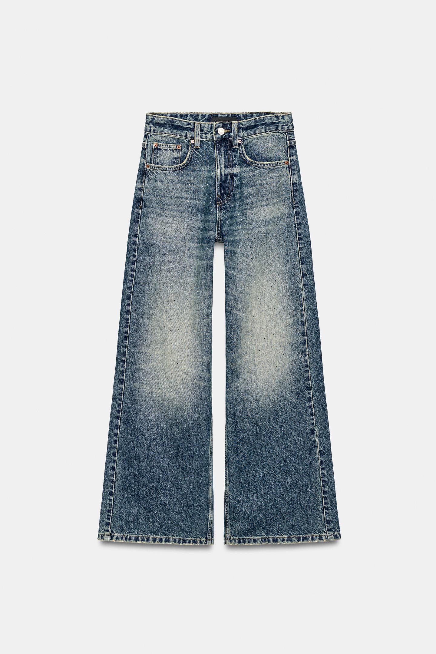 Женские джинсы Zara Z1975 High-Rise Loose Wide-Leg Rhinestone, цвет: Синий — фото 8