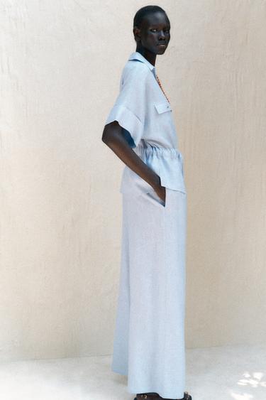 LINEN BLEND WIDE-LEG TROUSERS - Light blue by Zara - Image 2