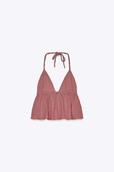 Zara HALTER CROP TOP - Dusty pink