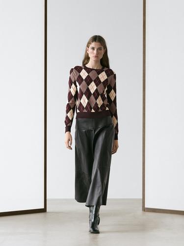 Pull à losanges en maille de coton - Bordeaux de Zara