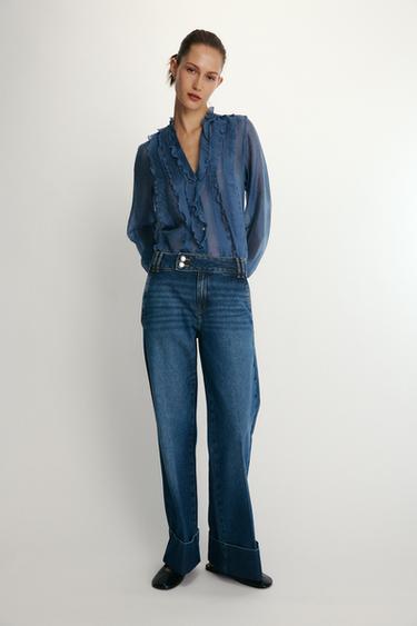 Zara RUFFLED BLOUSE - Blue / Gray