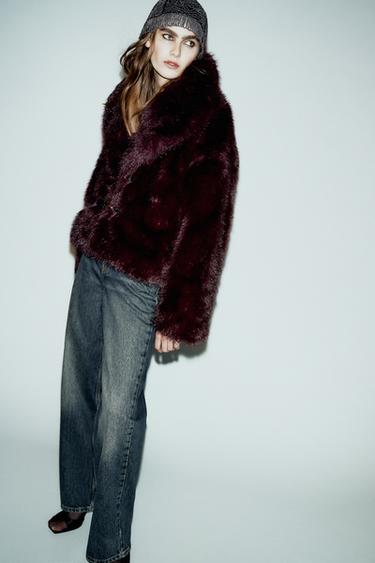 معطف قصير من الفرو الاصطناعي مع أربطة - بورجندي الخاص بـ Zara