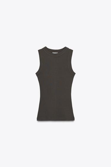 Zara RIBBED ROUND NECK T-SHIRT - Dark khaki