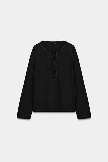 HENLEY T-SHIRT WITH LINEN BLEND - Black by Zara