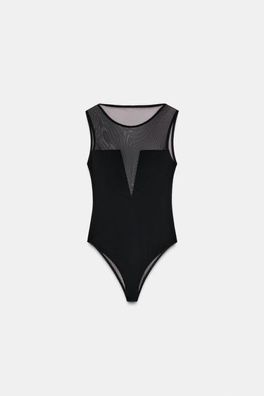 CREPE TULLE CONTRAST BODYSUIT - Black by Zara - Image 6
