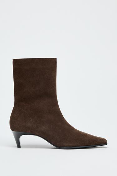 SPLIT SUEDE KITTEN HEEL ANKLE BOOTS - Chocolate Brown by Zara