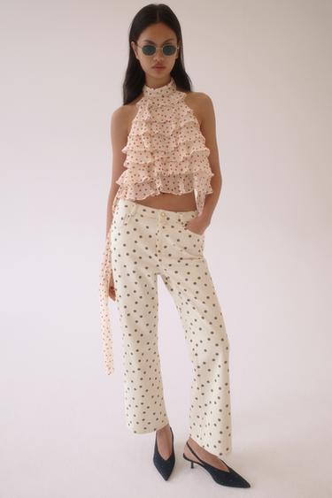 Zara Z1975 系列圓點中腰迷你喇叭牛仔褲 - 磨白色