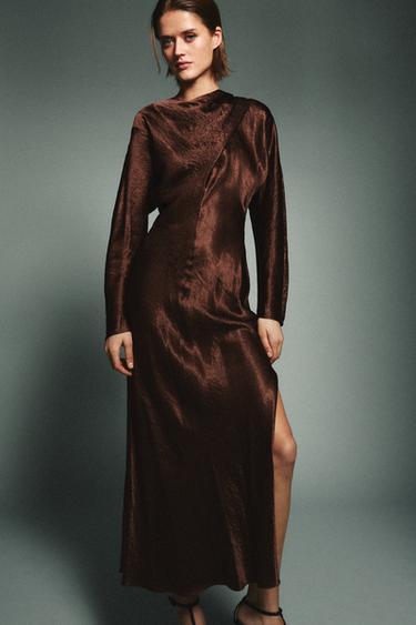 CREASED-EFFECT PLEATED MIDI DRESS - Brown by Zara