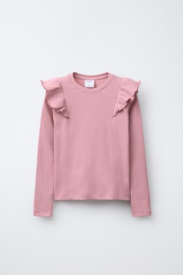 Zara RUFFLED RIBBED T-SHIRT - Pink