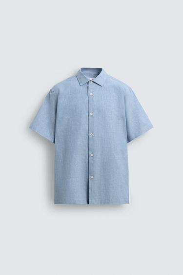 TEXTURED LINEN/COTTON SHIRT - Faded sky blue by Zara