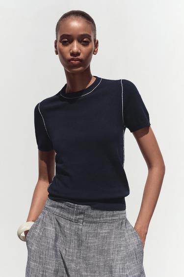 SHORT SLEEVE KNIT JUMPER WITH CONTRAST TRIMS - Navy / White by Zara - Image 2
