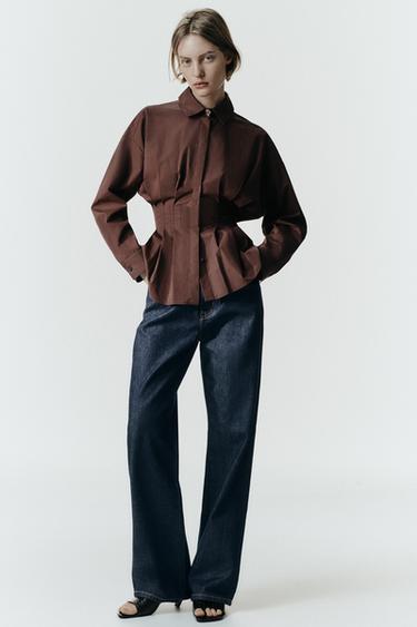 Zara PLEATED POPLIN SHIRT - Brown