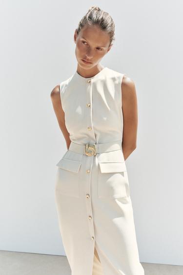 CREPE MIDI DRESS WITH BELT - Ecru by Zara - Image 1