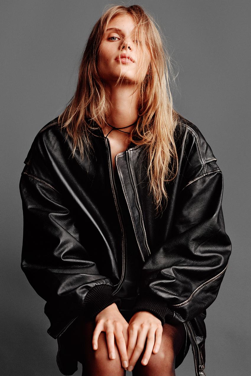 OVERSIZED LEATHER BOMBER JACKET - Dark brown | ZARA United States